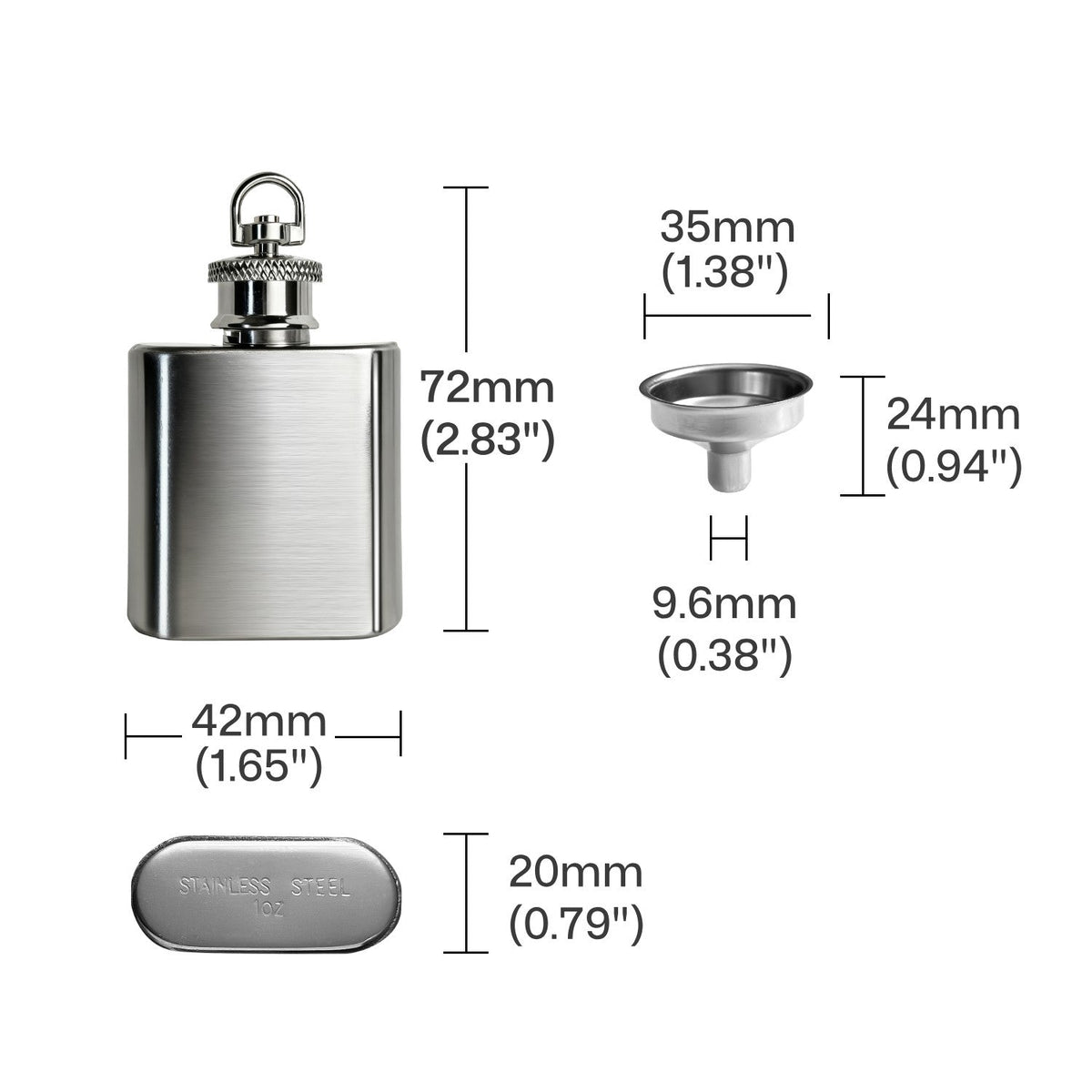 Mini Stainless Steel Flask with Funnel, Pocket Flask Keychain (1 oz)