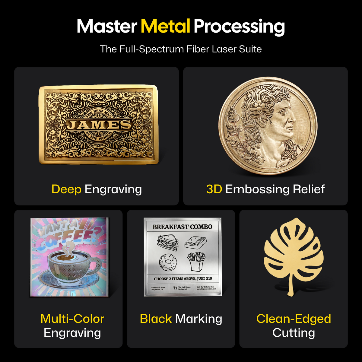 Product showcase of LP5, a fiber laser engraver's metal processing capabilities, featuring five key functions: deep engraving, 3D embossing relief, multi-color engraving, black marking, and clean-edged cutting.
