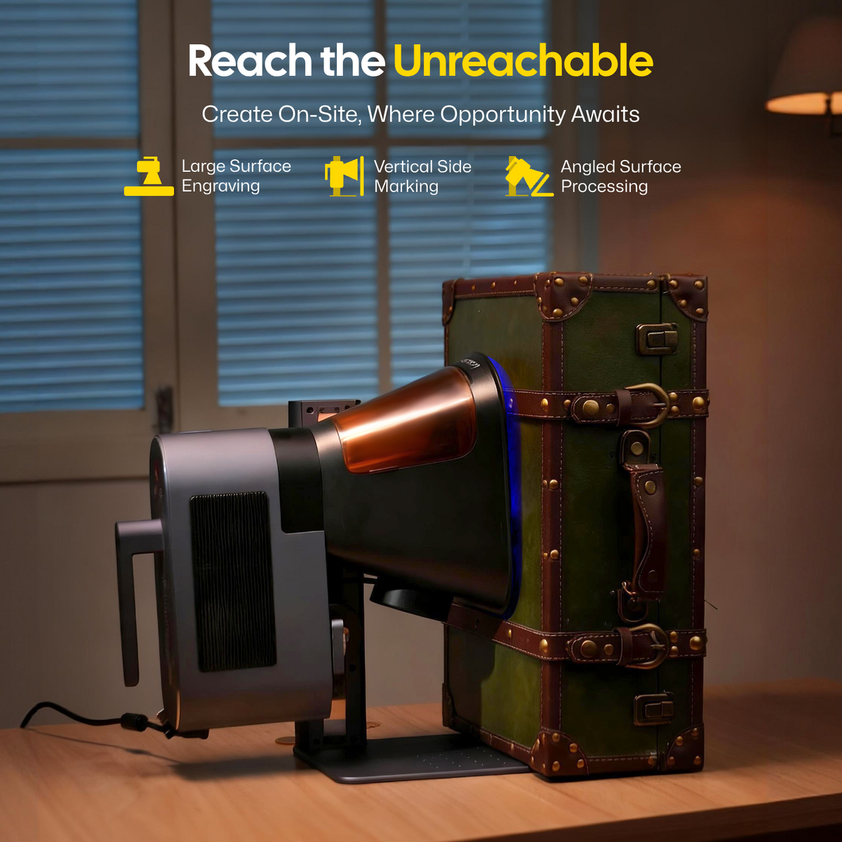 LP5 Fiber laser engraver combined with diode laser cutter, the portable LaserPecker LP5 performs on-site engraving on a large vertical surface, demonstrating vertical and angled marking capabilities.