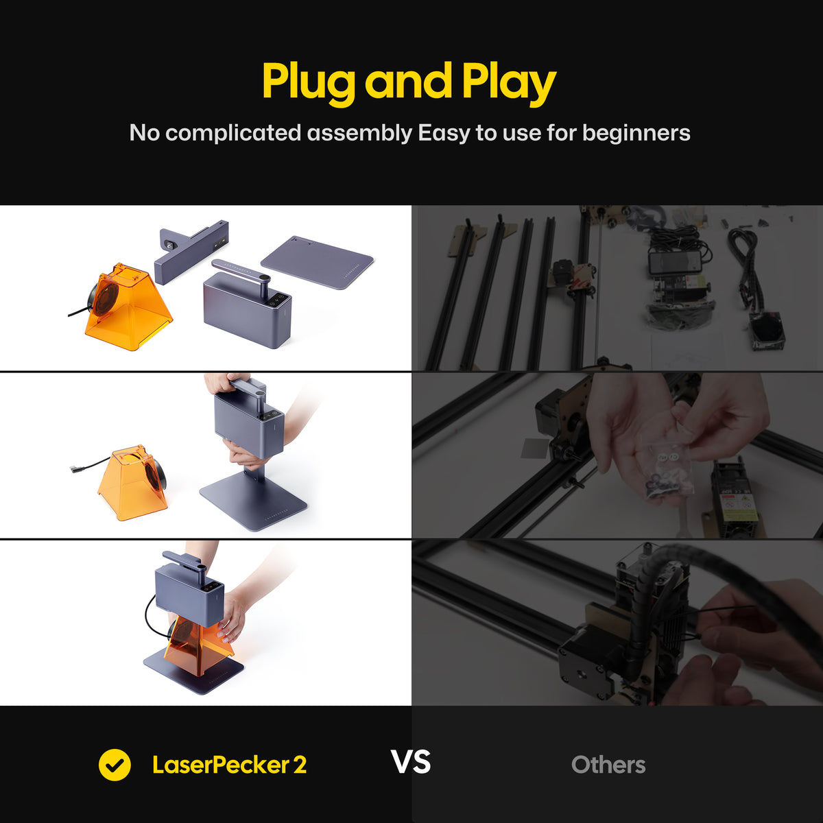 LaserPecker LP2 diode laser engraver is quick and easy to install ¡ª simply snap the components together without any screws or tools.