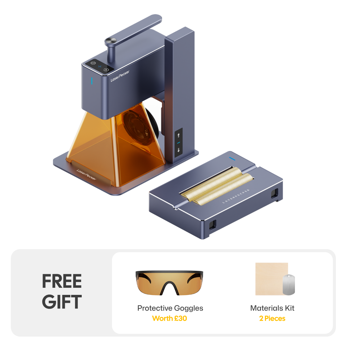 LaserPecker portable engraver with a roller extension for cylindrical items, bundled with free protective goggles (worth $49.99) and a 2-piece materials kit, ready for both flat and curved engraving projects.
