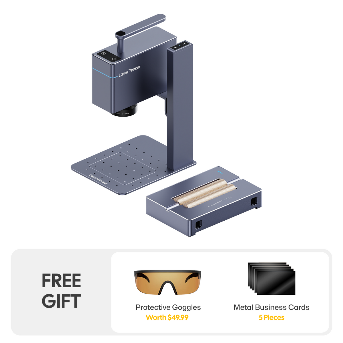 LaserPecker engraver bundle with a rotary attachment, plus free gifts: protective goggles (worth $49.99) and 5 metal business cards, ready for both flat and cylindrical engraving projects.