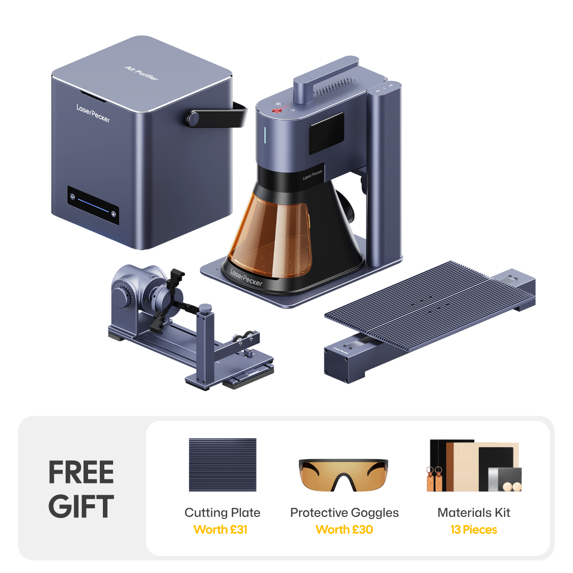 LaserPecker LP5 laser engraver all-in-one bundle: the main fiber laser engraving machine houses a diode laser cutter and is paired with an air purifier, a rotary attachment, and an extended engraving table. Includes a free gift: cutting plate, protective goggles, and a 13-piece materials kit.