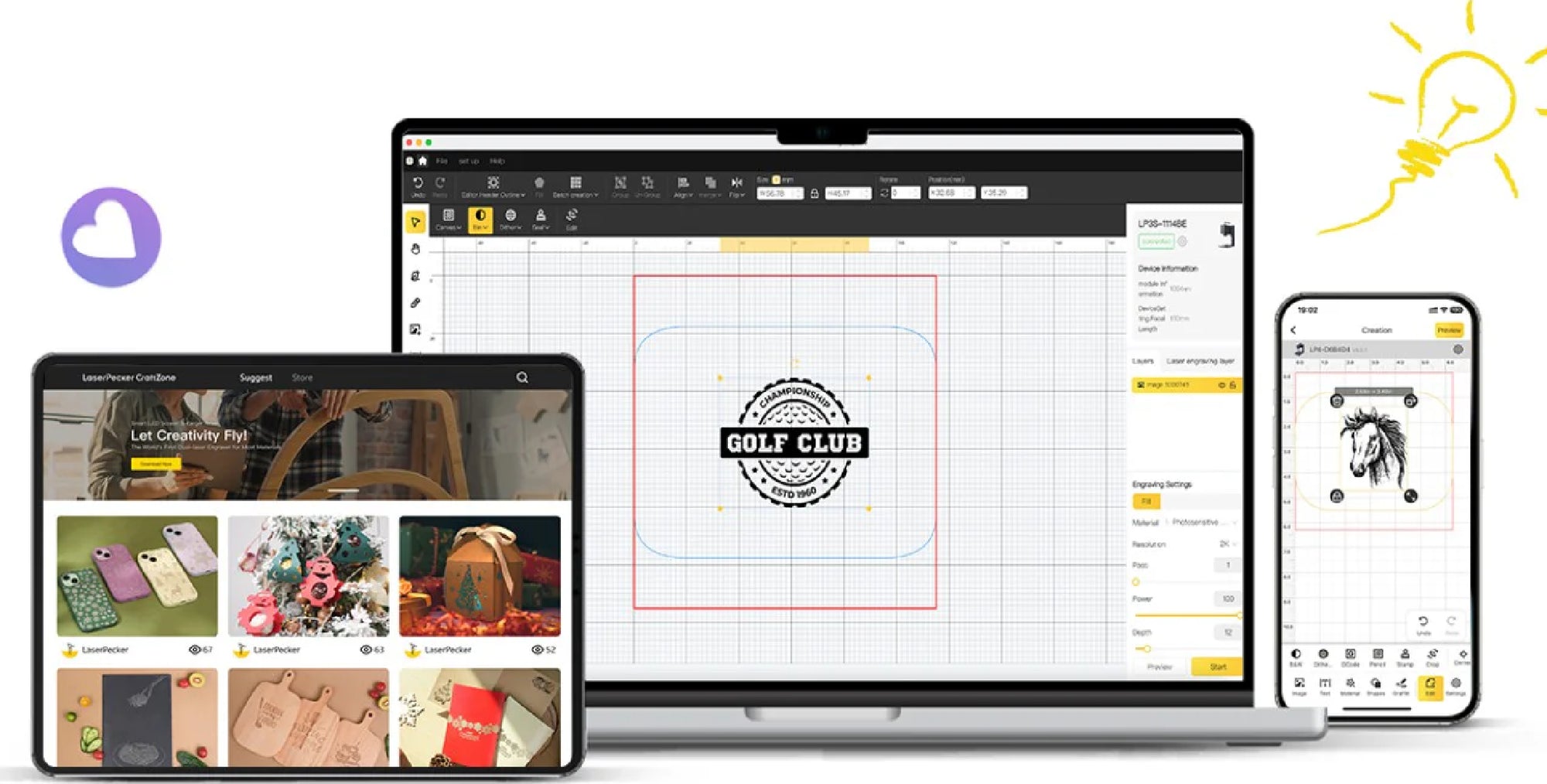 Multi-device display of LaserPecker Design Space software (on tablet, laptop, and smartphone) – part of the "Simple Creation Starts" software ecosystem section; showcases the free, cross-device laser design tool with ready-to-make design libraries, one-click settings, and real-time preview (exemplified by a "GOLF CLUB" engraving project) to save time and reduce material waste.