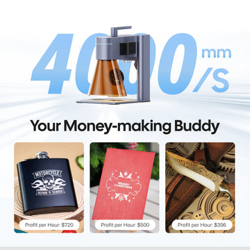 LaserPecker laser engraver with a 4000mm/s engraving speed, positioned as a "Money-making Buddy" with examples of profitable projects: a flask ($720/hour profit), a Christmas card ($500/hour), and a leather knife sheath ($396/hour).