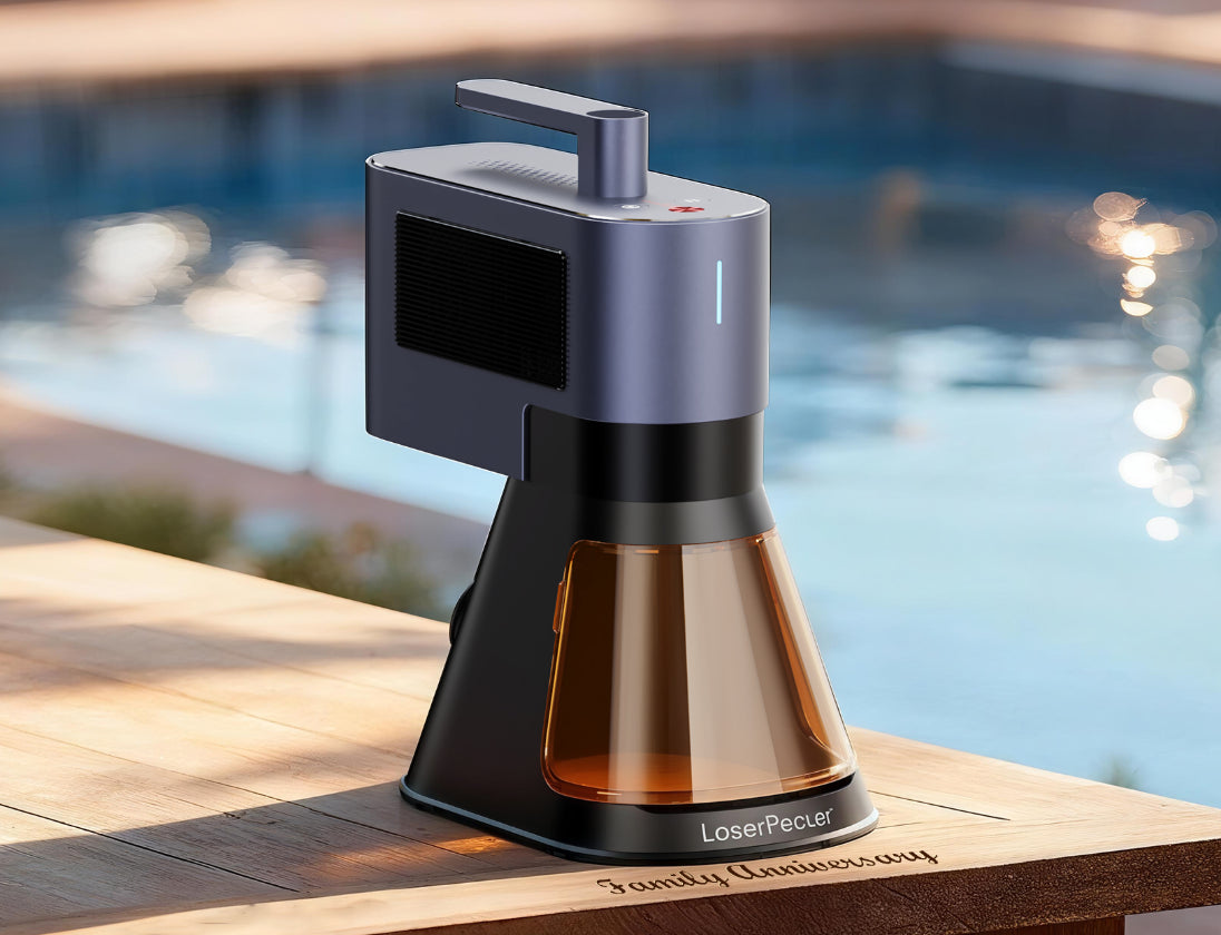 LaserPecker LP5 (3.7kg lightweight laser engraver) placed on a wooden table (with a pool background), showcasing its portable design and adjustable stand that unlocks flexible engraving angles (aligned with the "Power Without Limits" theme).