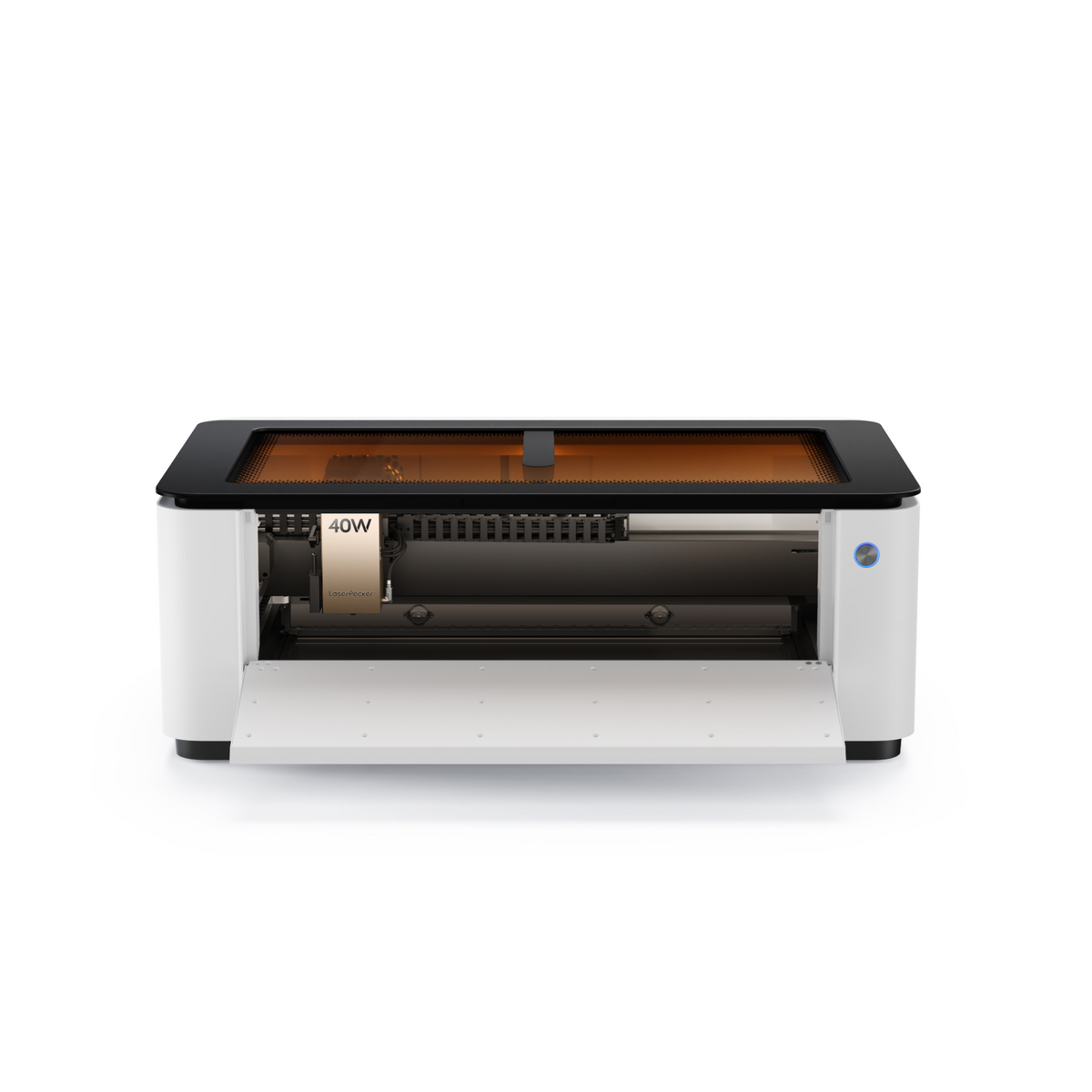 LaserPecker LX2 all-in-one laser cutting machine with front door open, showing 40W laser module and rotating engraving attachment.