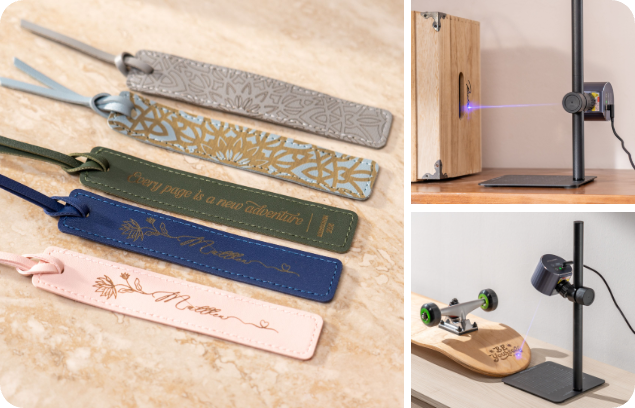 Custom leather luggage tags, multi-angle stand for vertical surface engraving, and precise engraving on irregular/inclined workpieces—all made possible with the LP1 Plus portable laser engraver.