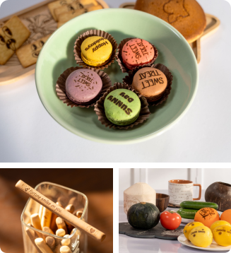 LP1 Plus laser engraver creating food-safe custom macarons, engraved biscuit sticks for events, and sustainable, eco-friendly food labeling on fresh vegetables—an ideal edible branding and eco-conscious solution.