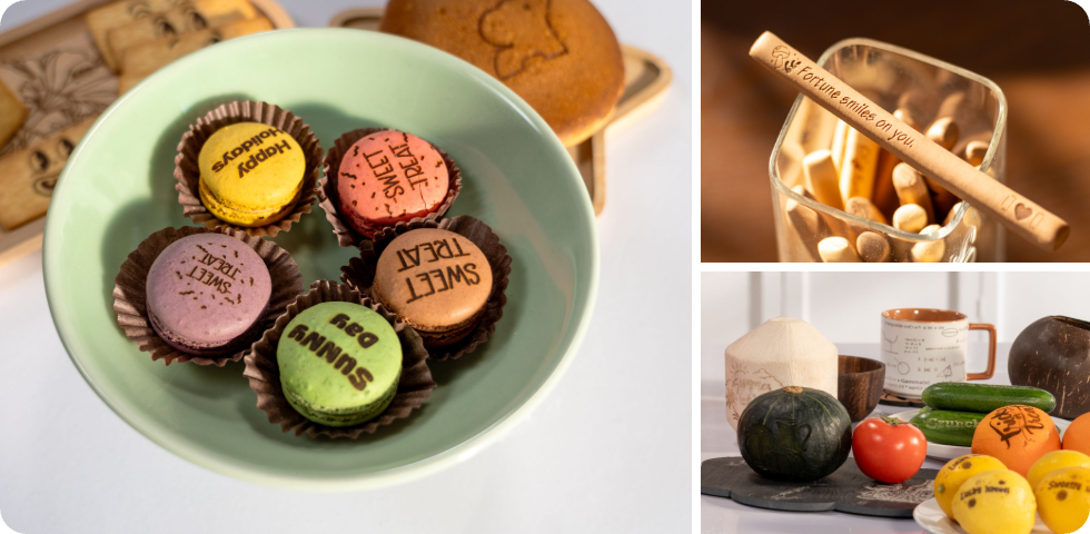 LP1 Plus laser engraver creating food-safe custom macarons, engraved biscuit sticks for events, and sustainable, eco-friendly food labeling on fresh vegetables—an ideal edible branding and eco-conscious solution.