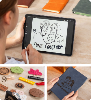 LP1 Plus mobile app for doodling personalized messages on a tablet for instant wood or leather engraving; a variety of DIY projects including engraved coasters, key chains and custom felt; and unique custom leather engraving with original doodles and designs for one-of-a-kind gifts.