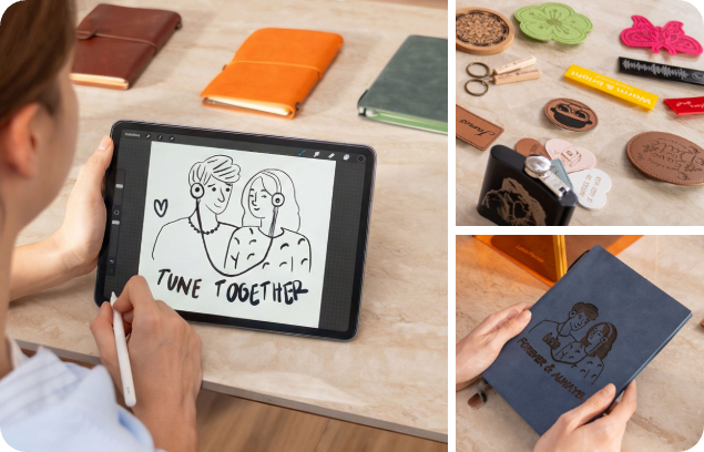 LP1 Plus mobile app for doodling personalized messages on a tablet for instant wood or leather engraving; a variety of DIY projects including engraved coasters, key chains and custom felt; and unique custom leather engraving with original doodles and designs for one-of-a-kind gifts.