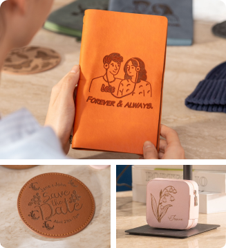 Close-up of a leather journal cover, personalized coaster, and leather jewelry case with intricate laser‑etched designs, all crafted by the LP1 Plus portable precision laser engraver. Ideal for DIY leather projects and custom handmade gifts.