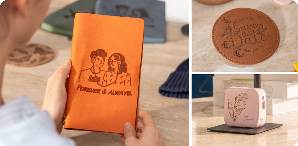 Close-up of a leather journal cover, personalized coaster, and leather jewelry case with intricate laser‑etched designs, all crafted by the LP1 Plus portable precision laser engraver. Ideal for DIY leather projects and custom handmade gifts.