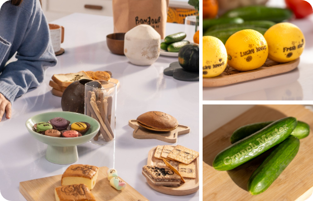 LP1 Plus laser engraver creating custom engraved logos and designs on baked goods, desserts, fresh lemons, and vegetables, highlighting its versatile food-safe and eco-friendly personalization on organic materials.