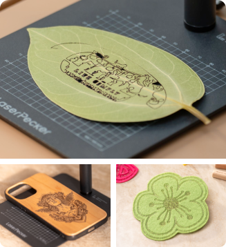 Intricate leaf art, eco-friendly customized bamboo mobile covers, and personalized wool felt mats with floral shapes, all created with the LP1 Plus laser engraver for sustainable DIY home decor and organic material etching.