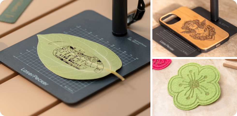 Intricate leaf art, eco-friendly customized bamboo mobile covers, and personalized wool felt mats with floral shapes, all created with the LP1 Plus laser engraver for sustainable DIY home decor and organic material etching.