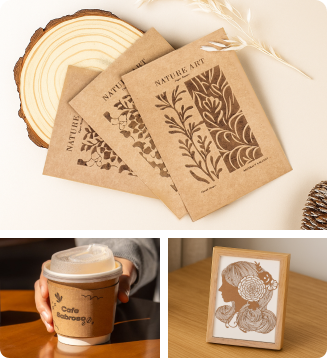 LP1 Plus laser engraver etching retro patterns on thick kraft paper, cutting precise portrait silhouettes, and engraving custom logos on paper coffee sleeves for cafes and boutique shops.