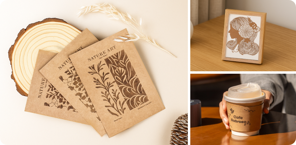 LP1 Plus laser engraver etching retro patterns on thick kraft paper, cutting precise portrait silhouettes, and engraving custom logos on paper coffee sleeves for cafes and boutique shops.