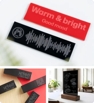 LP1 Plus laser engraver creating sharp custom engraved acrylic tags, personalized markings on lipstick casings for cosmetic branding, and modern acrylic menus for restaurants and cafes.
