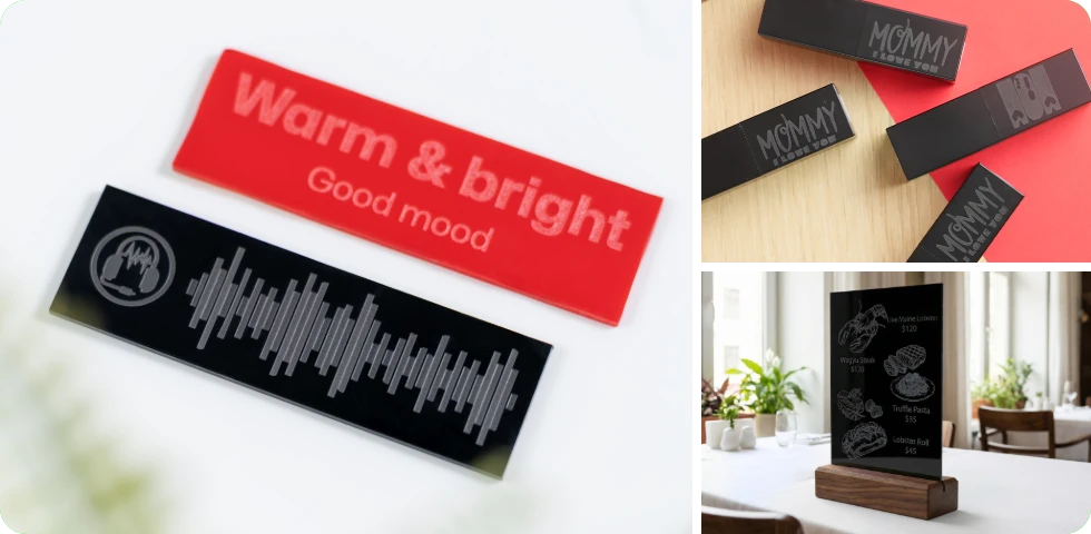 LP1 Plus laser engraver creating sharp custom engraved acrylic tags, personalized markings on lipstick casings for cosmetic branding, and modern acrylic menus for restaurants and cafes.
