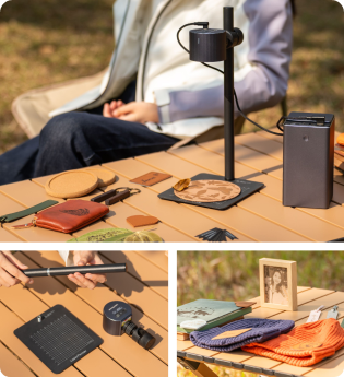 Portable LP1 Plus laser engraver setup with a power bank, ideal for outdoor use, quick assembly, and on‑the‑go crafting; a range of outdoor engraving projects in nature, parks and open‑air markets for capturing inspiration anywhere.