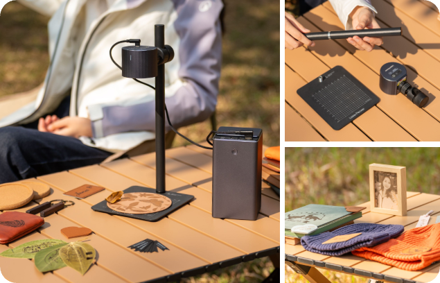 Portable LP1 Plus laser engraver setup with a power bank, ideal for outdoor use, quick assembly, and on‑the‑go crafting; a range of outdoor engraving projects in nature, parks and open‑air markets for capturing inspiration anywhere.