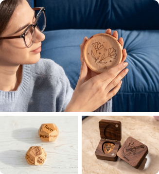 Custom wooden coasters with floral patterns, engraved wooden dice for fun decision-making, and a custom guitar pick storage box, all handmade with the LP1 Plus compact engraver — ideal for personalized DIY gifts and creative accessories.