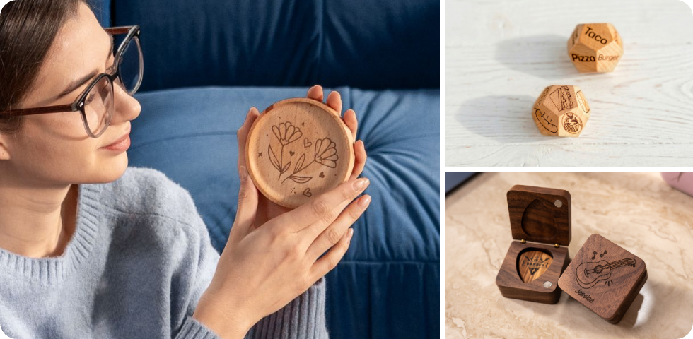 Custom wooden coasters with floral patterns, engraved wooden dice for fun decision-making, and a custom guitar pick storage box, all handmade with the LP1 Plus compact engraver — ideal for personalized DIY gifts and creative accessories.