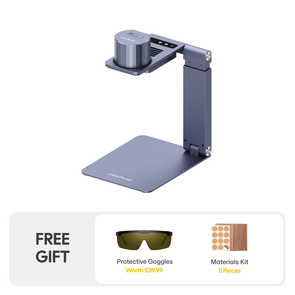 LP1 Plus Creator Bundle includes laser unit, auto-focus stand, free protective googles and  a free 11-piece material kit.