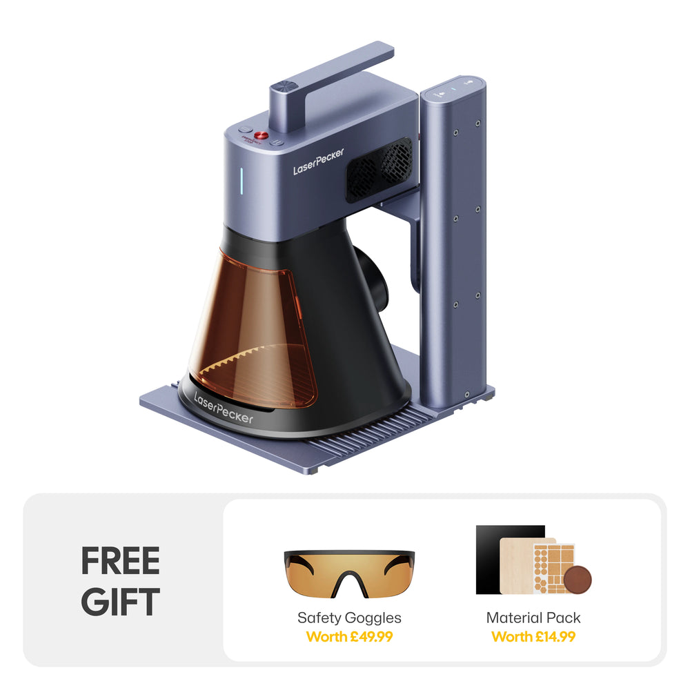 LaserPecker laser engraver bundle, including the main unit plus a free gift of safety goggles (worth €49.99) and a material pack (worth €14.99), providing everything needed to start engraving immediately.
