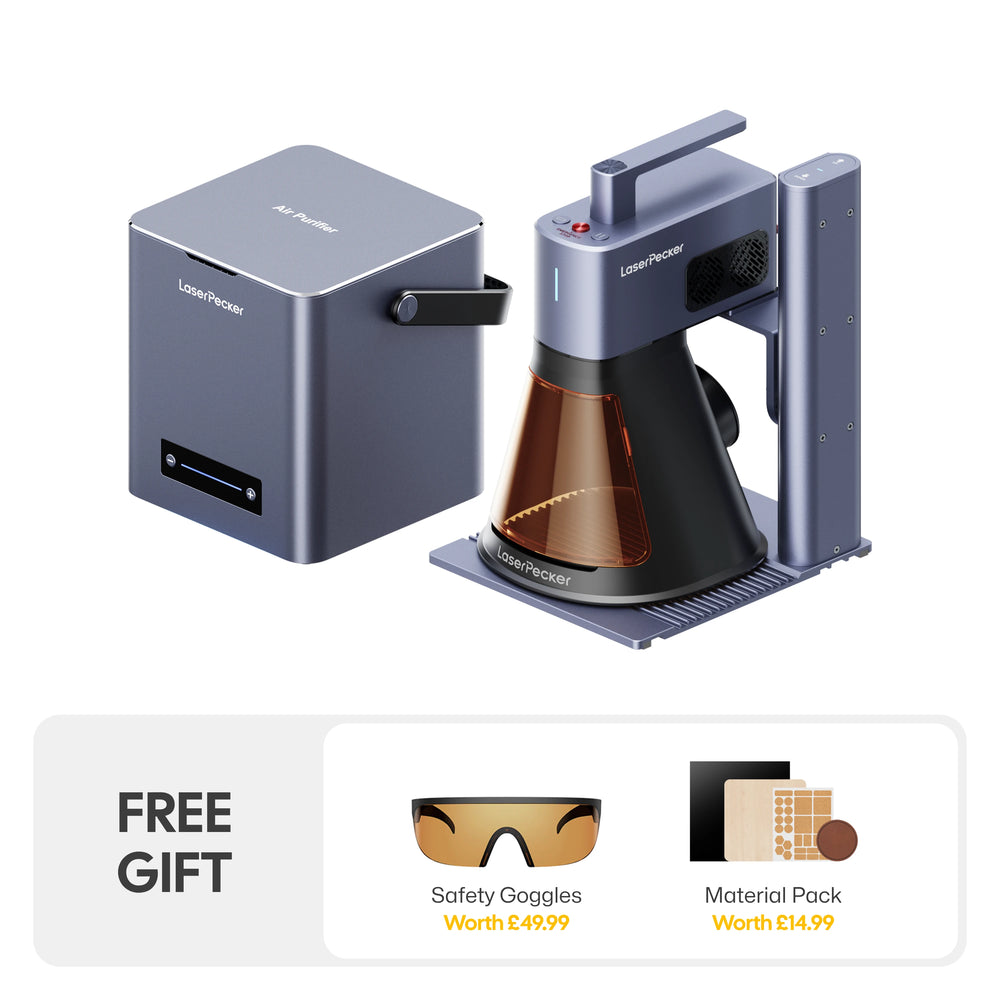 LaserPecker engraver bundle with air purifier, plus a free gift of protective goggles (worth €49.99) and a material pack (worth €14.99), offering a safe, complete solution for engraving projects.