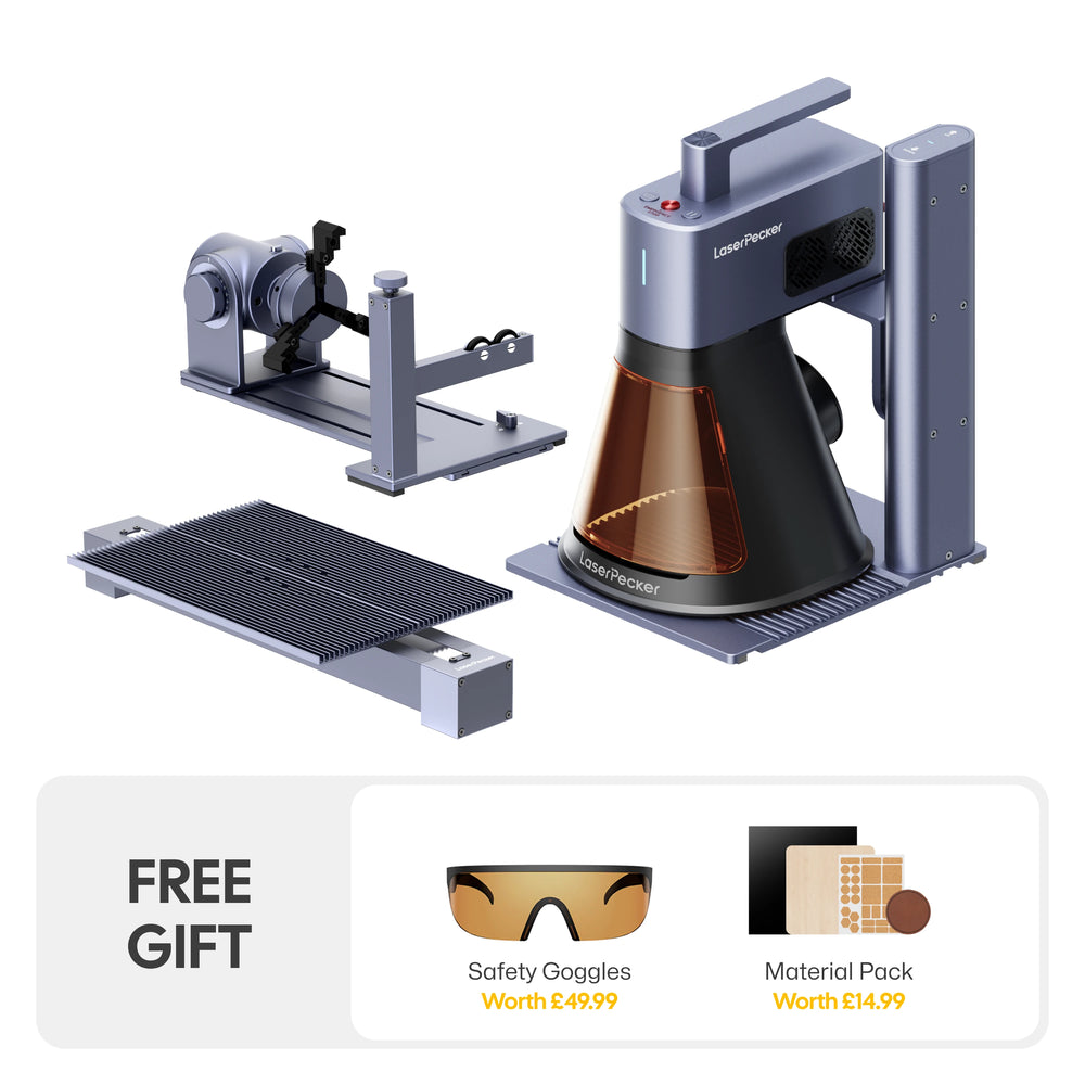 LaserPecker ultimate engraver bundle including the main unit, rotary extension, and slide extension, plus a free gift of safety goggles (worth €49.99) and a material pack (worth €14.99), offering a complete, versatile solution for all engraving needs.