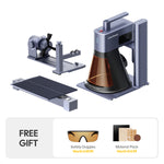 LaserPecker ultimate engraver bundle including the main unit, rotary extension, and slide extension, plus a free gift of safety goggles (worth €49.99) and a material pack (worth €14.99), offering a complete, versatile solution for all engraving needs.