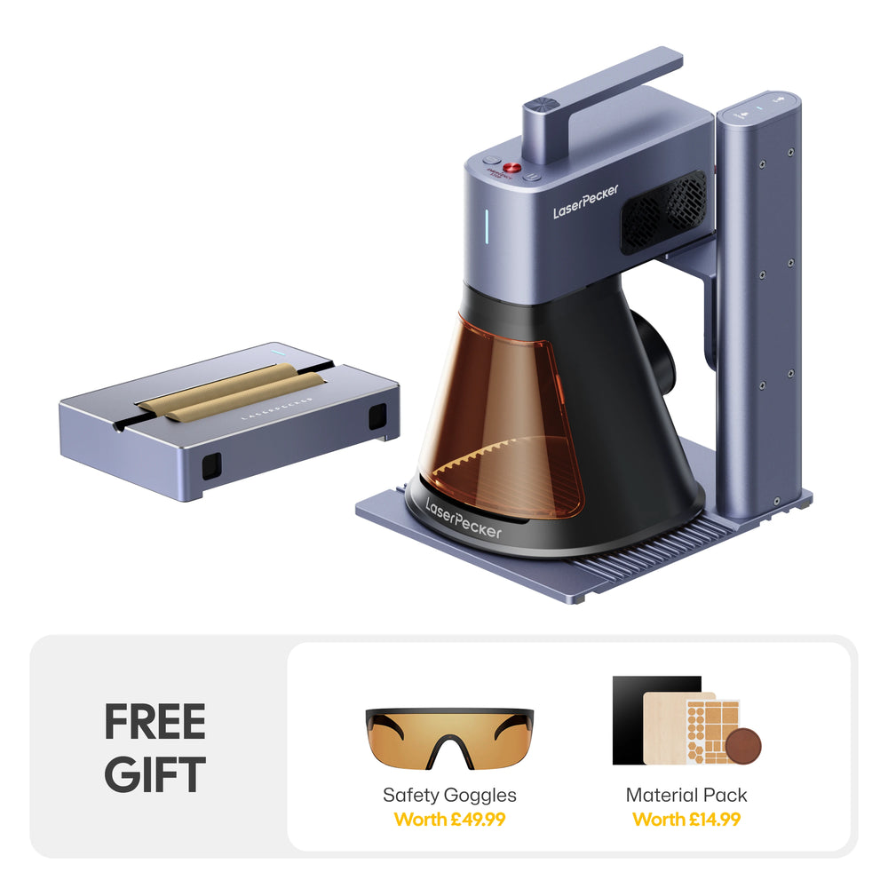 LaserPecker laser engraver bundle with an additional slide extension, plus a free gift of safety goggles (worth €49.99) and a material pack (worth €14.99), offering a complete solution for both standard and large-format engraving projects.
