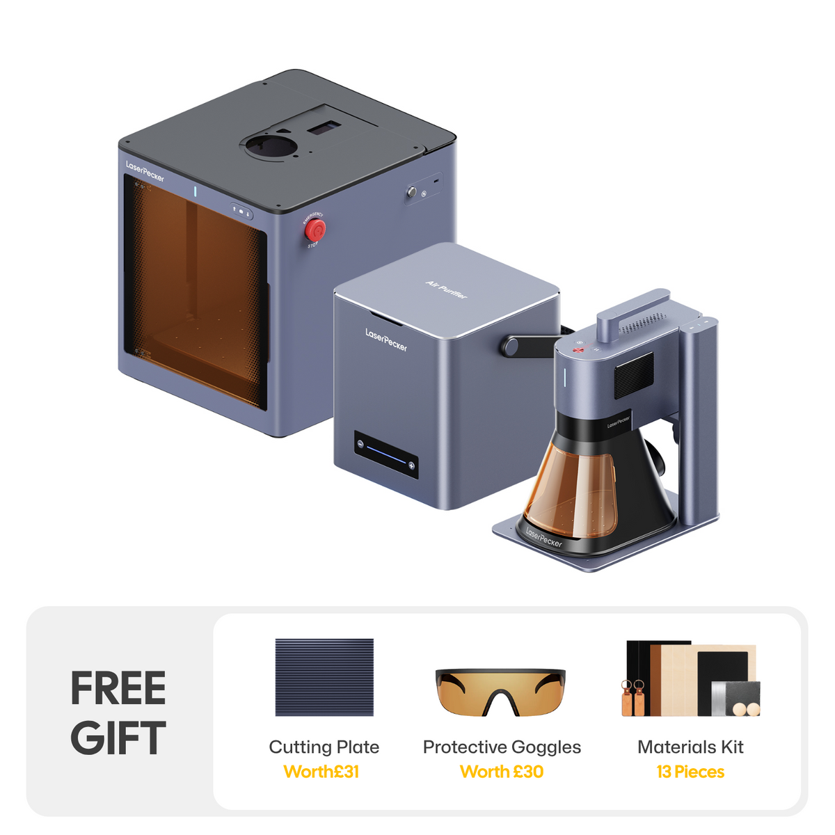 LaserPecker LP5 complete laser engraving solution bundle: the main fiber laser engraving machine houses a diode laser cutter, and comes with a protective safety enclosure, air purifier, and free gift of a cutting plate, protective goggles, and a 10-piece materials kit.
