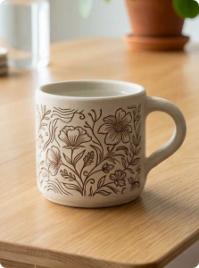 Ceramic mug featuring finely engraved patterns.