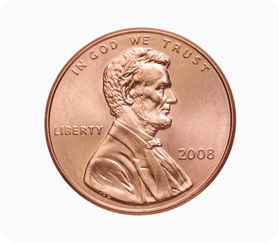 A U.S. penny coin featuring Abraham Lincoln’s profile on the front.