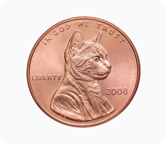 A personalized penny coin featuring a cat engraving.