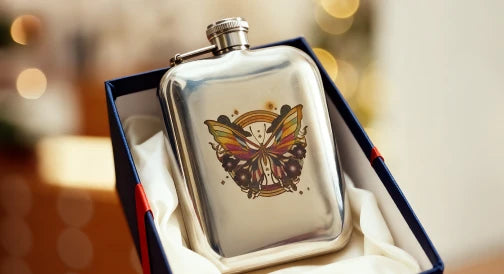A stainless steel flask featuring a colorful butterfly engraving presented in a gift box.