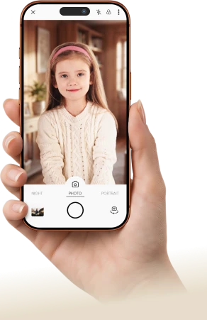 A person using a phone to take a portrait photo of a young girl.