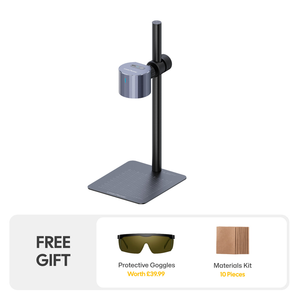 LaserPecker portable laser engraver LP1 Plus comes with a free gift including protective goggles and a 10-piece material kit, all in basic bundle.