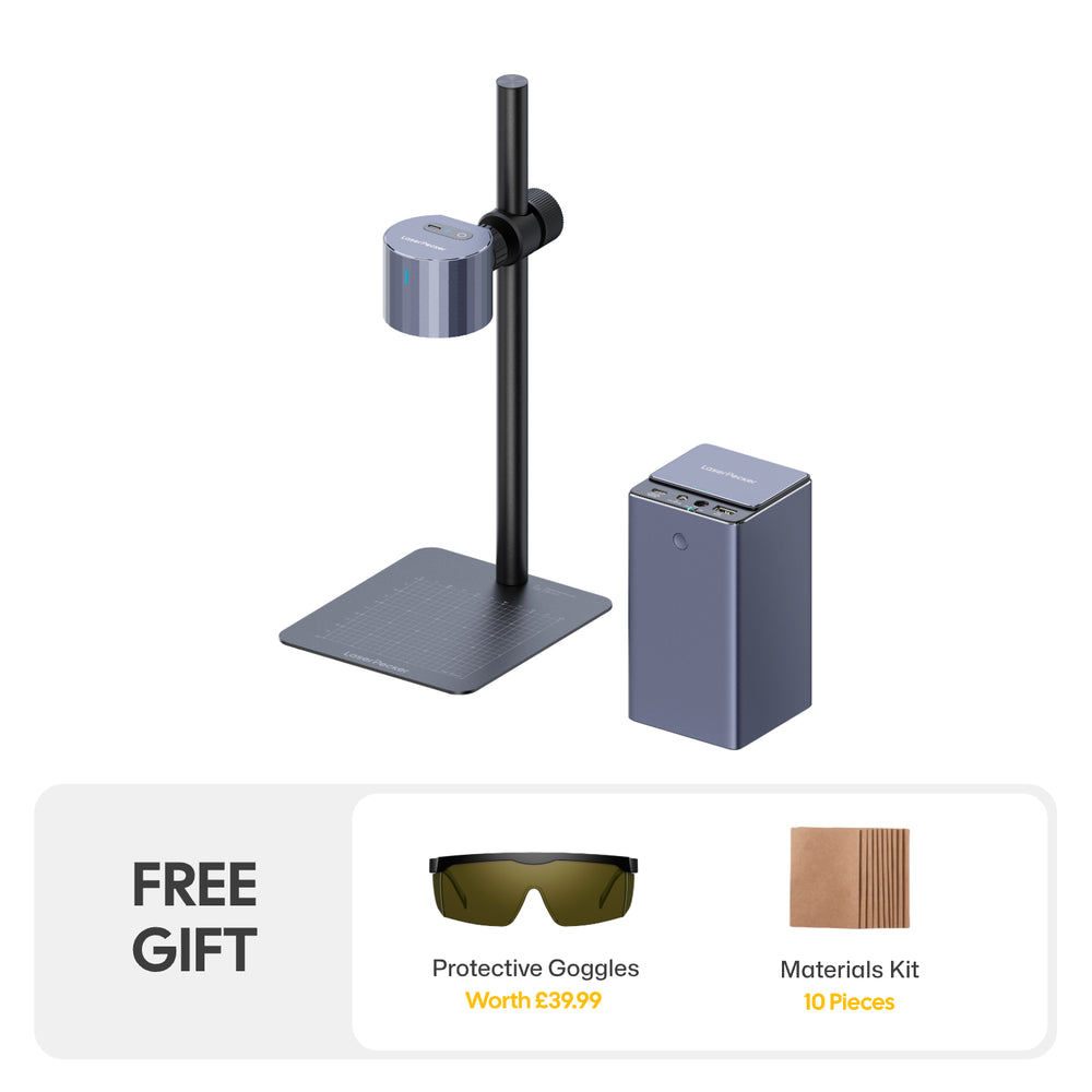 LaserPecker LP1 portable bundle includes the small laser engraver,  a versatile powerpack, free protactive goggles and a free 10-piece material kit.