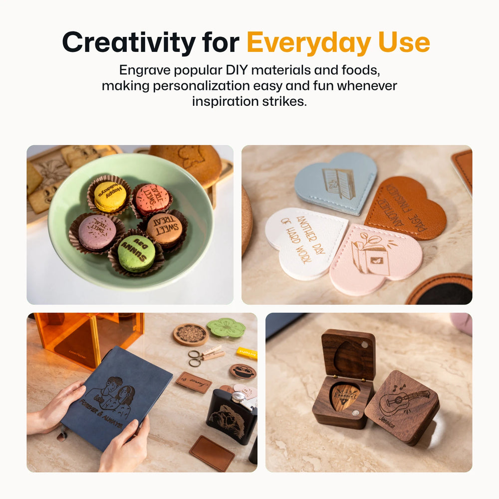 LaserPecker engraved cookies, wooden coasters, and wooden box collage ¡ª easy DIY laser engraving for everyday creative use. 