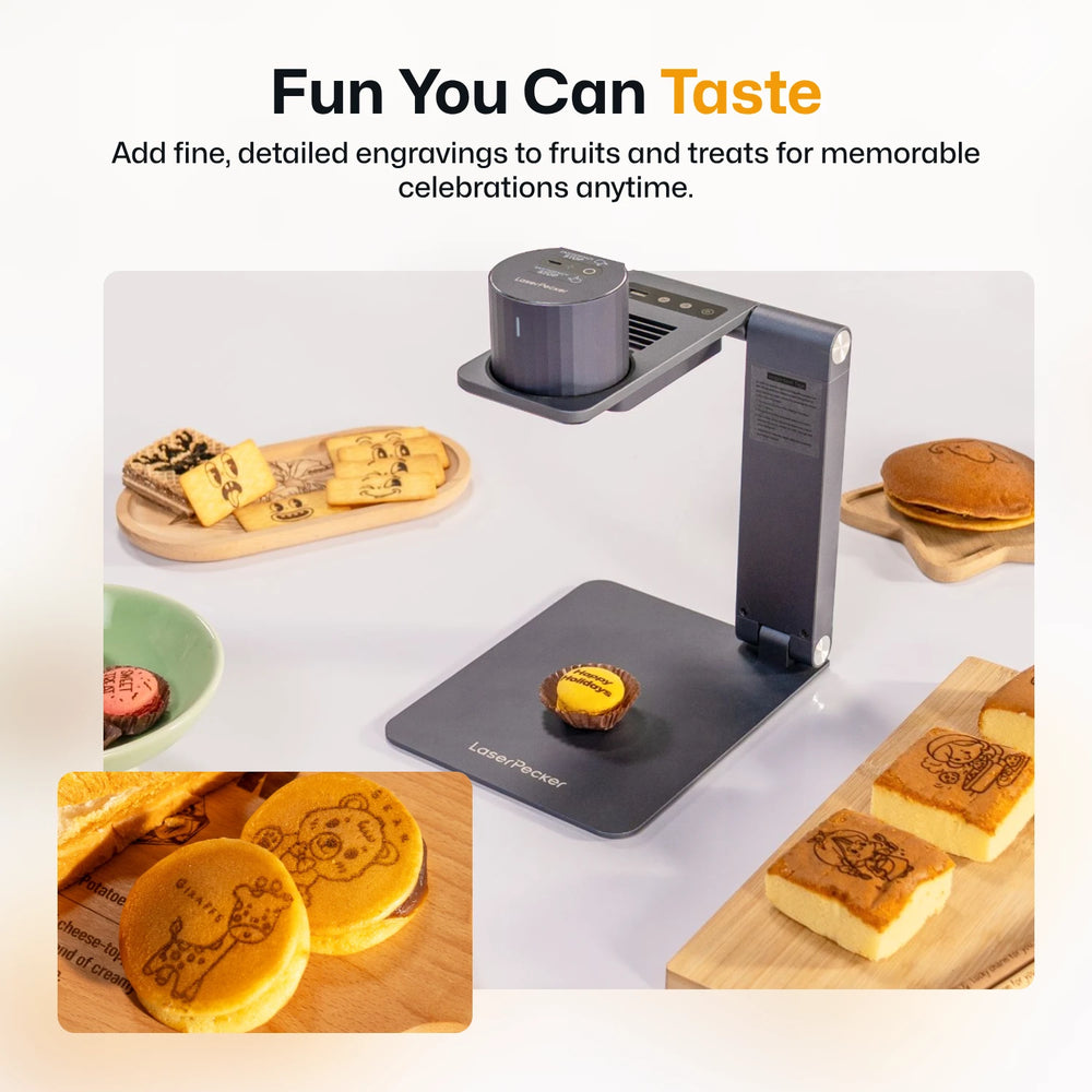 LaserPecker laser engraver for food with engraved fruits and treats on white background ¡ª fun edible art for any celebration. 