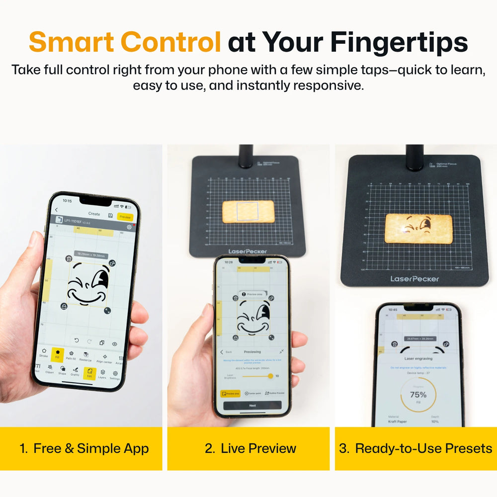 LaserPecker smartphone app interface for laser engraver with live preview and ready-to-use presets ¡ª free app for smart control at your fingertips. 