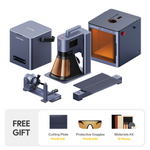 LaserPecker LP5 Deluxe Bundle comprises a fiber laser engraver featuring a diode laser cutter, a rotary extension, a slide extension, an air purifier, a fully enclosed safety enclosure, and a free gift including a cutting plate, protective goggles, and a material kit.