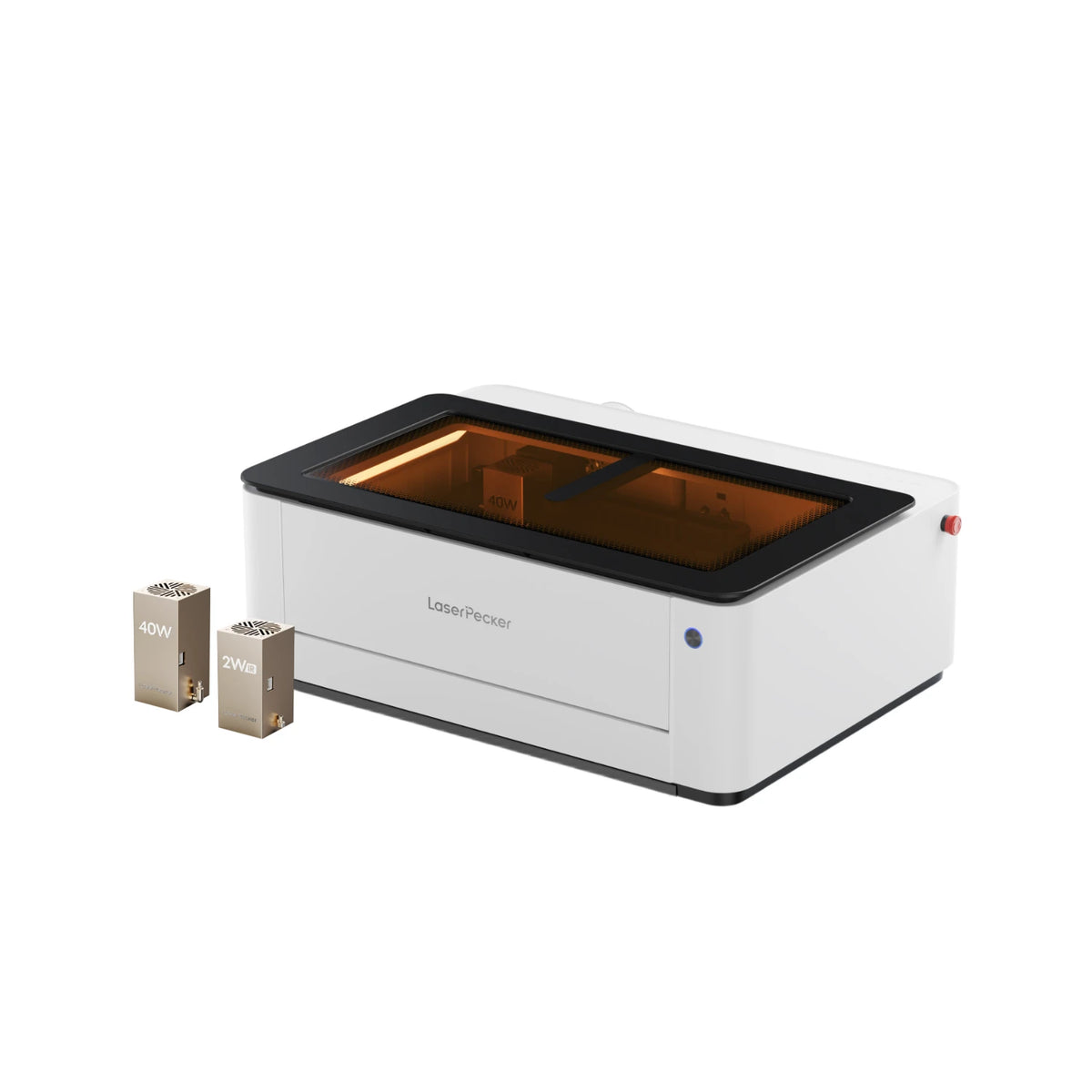 LaserPecker desktop laser cutter LX2 dual laser on a white background. This compact desktop laser cutting machine features dual laser sources for versatile engraving and cutting.
