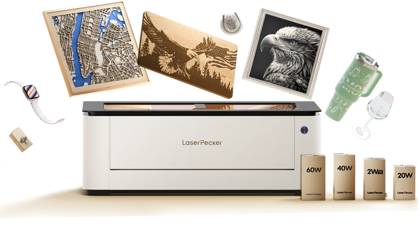 LaserPecker LX2 all-in-one laser engraver and cutter hero image, highlighting its core functions: modular power system (60W, 40W, 20W, 2W modules for diverse engraving/cutting needs), high-efficiency performance, and ability to process multiple materials.