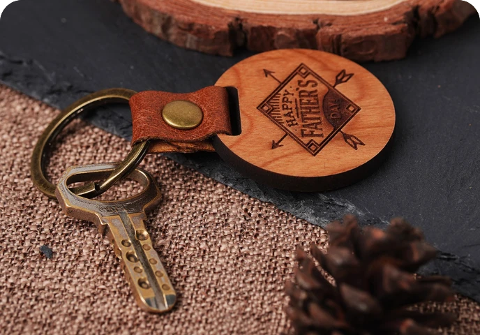 Personalized engraved wooden keychains.